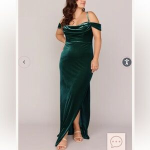 Revelry Siena velvet long dress green bridesmaid side slits off shoulder 28 new
